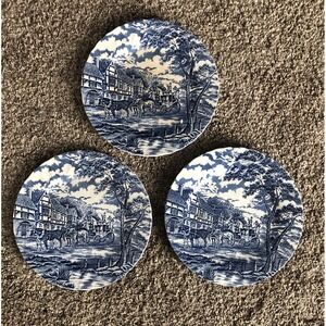 Myott Staffordshire England Royal Mail Blue & White (3) 10" Dinner Plates Read